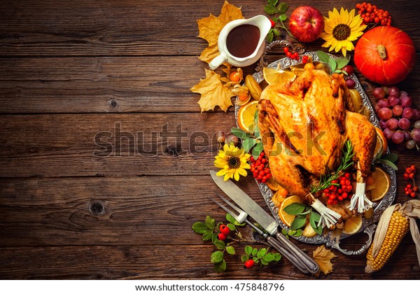 Thanksgiving Dinner Roasted Turkey Pumpkins Sunflowers Stock Photo ...
