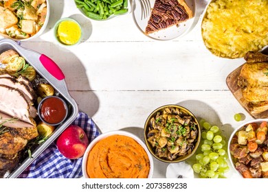 Thanksgiving Dinner Table With New Traditional Thanksgiving Food - Chicken, Mashed Sweet Potatoes, Green Beans, Pecan Pie, Baked Ham Pork, Mac And Cheese, Stuffing, Modern Hard Sunny Light Flatlay