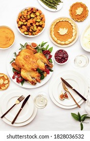 Thanksgiving Dinner Table Setting, Overhead View Of Placed Dinnerware With Traditional Festive Thanksgiving Food