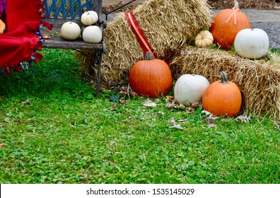 Thanksgiving Fall Harvest Outdoor Decorating Straw Hay Bales Pumpkins Acorns Gourds Mums Leaves Sunflowers Antique Window Pine Cones Needles Steel Milk Vase Window Box Bench Blanket Ribbon Beautiful