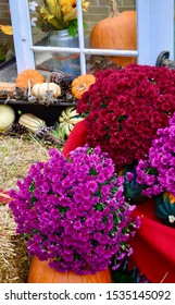 Thanksgiving Fall Harvest Outdoor Decorating Straw Hay Bales Pumpkins Acorns Gourds Mums Leaves Sunflowers Antique Window Pine Cones Needles Steel Milk Vase Window Box Bench Blanket Ribbon Beautiful