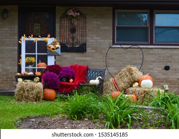 Thanksgiving Fall Harvest Outdoor Decorating Straw Hay Bales Pumpkins Acorns Gourds Mums Leaves Sunflowers Antique Window Pine Cones Needles Steel Milk Vase Window Box Bench Blanket Ribbon Beautiful