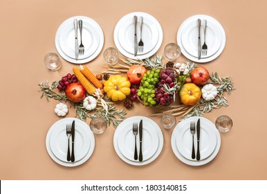 Thanksgiving Fall Table Setting, Top Down View Of Autumn Season Vegetable Composition Set On A Festive Table