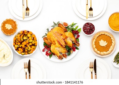 Thanksgiving Festive Table Served With Traditional Food, Top Down View