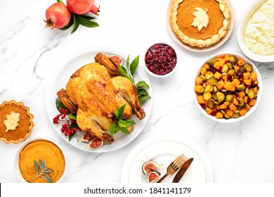 Thanksgiving Festive Table Served With Traditional Food, Top Down View