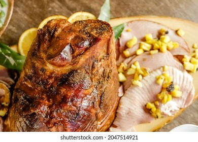 Thanksgiving Food Table Spread With Ham And Turkey