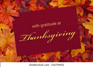 Thanksgiving Greeting Card, Some Fall Leaves And A Greeting Card With Text With Gratitude At Thanksgiving