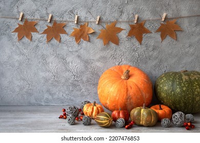 Thanksgiving Home Decor. Pumpkins, Berries And A Garland Of Maple Leaves On A Light Wooden Table With Copy Space.