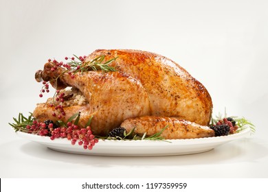 Thanksgiving pepper roasted turkey garnished with blackberry and pink peppercorn on white. - Shutterstock ID 1197359959