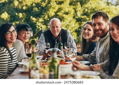 Thanksgiving, portrait and family with turkey for dinner, lunch and food on table outdoor. Happy people, usa tradition and celebration as culture, express gratitude and reflect on blessings in garden - Powered by Shutterstock