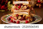 Thanksgiving Sandwich: A festive delight featuring layers of turkey, stuffing, and cranberry sauce, nestled between hearty bread, embodying the flavors of Thanksgiving in every bite