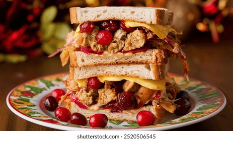 Thanksgiving Sandwich: A festive delight featuring layers of turkey, stuffing, and cranberry sauce, nestled between hearty bread, embodying the flavors of Thanksgiving in every bite - Powered by Shutterstock