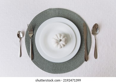 Thanksgiving Set. Table Setting, White Plates With Pumpkin, Mockup