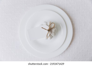 Thanksgiving Set. Table Setting, White Plates With Pumpkin, Mockup, Top View