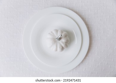 Thanksgiving Set. Table Setting, White Plates With Pumpkin, Mockup, Top View