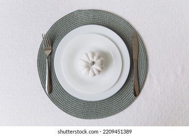 Thanksgiving Set. Table Setting, White Plates With Pumpkin, Mockup