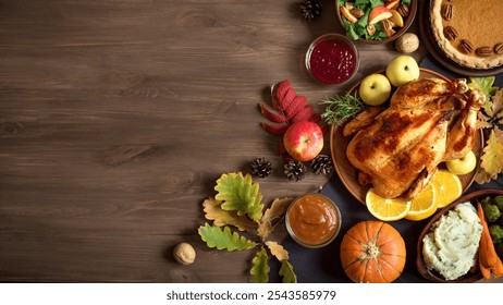 Thanksgiving setup, dark wood, roasted chicken, rosemary garnish, orange slices, cranberry sauce, pumpkin, mashed potatoes, Brussels sprouts, apples, walnuts, pecan pie, warm tones - Powered by Shutterstock