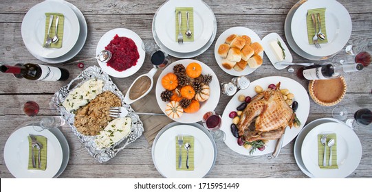 Thanksgiving Spread On Wooden Table