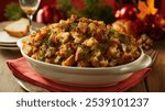 Thanksgiving Stuffing: Homemade stuffing made with bread and herbs, shown in a classic serving dish with a cozy,