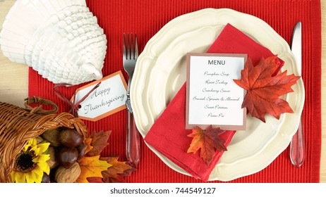 Thanksgiving Table Close Up Of Individual Place Setting, Overhead.