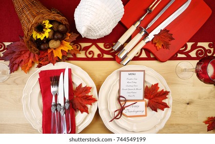 Thanksgiving Table Close Up Of Individual Place Setting, Overhead.