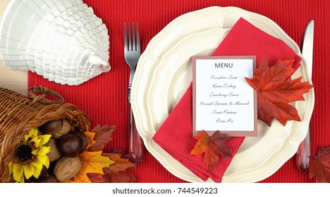 Thanksgiving Table Close Up Of Individual Place Setting, Overhead.