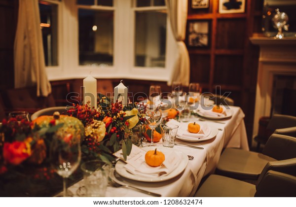 Thanksgiving Table Setting Autumn Decorations Pumpkins Royalty