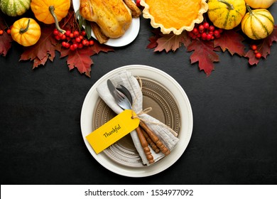 Thanksgiving Table Setting Concept, Overhead View On Natural Fall Decor Of Festive Dinner Decoration Idea