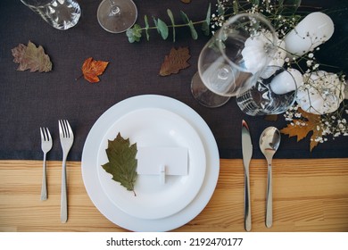 Thanksgiving table setting, tableware and decor, decoration, family holiday. Autumn mockup, top view