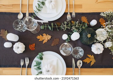 Thanksgiving Table Setting, Tableware And Decor, Decoration, Family Holiday. Autumn Mockup, Top View