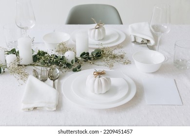 Thanksgiving Table Setting, Tableware And Decor, Decoration, Family Holiday. Autumn Mockup.