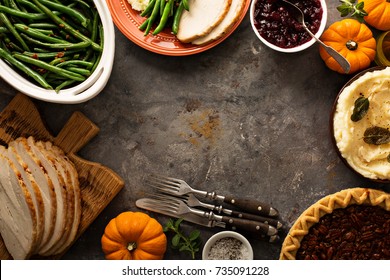 Thanksgiving Table With Turkey, Green Beans And Mashed Potatoes Overhead Shot