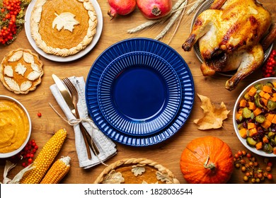 Thanksgiving Traditional Food Recipes Or Charity Dinner Concept, Top Down View