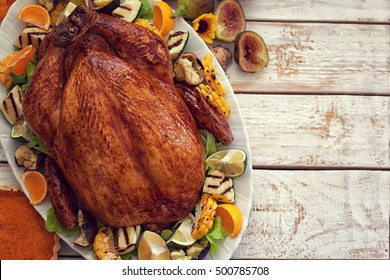 Thanksgiving Turkey Dinner On White Wooden Table With Copy Space 