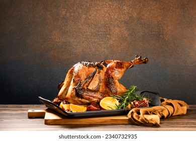 Thanksgiving turkey ready to eat,  culinary recipe concept, front view, huge copy space for a text - Powered by Shutterstock