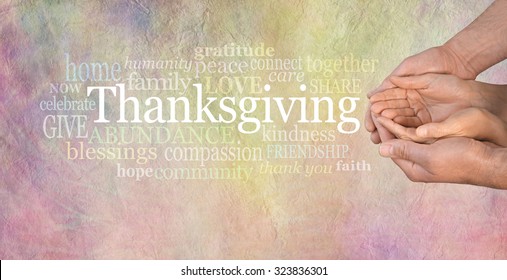 Thanksgiving Word Cloud Website Banner - Female cupped hands cradled by male hands outstretched with a white Thanksgiving word floating above and relevant word cloud on a light stone effect background - Shutterstock ID 323836301