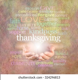 Thanksgiving Word Cloud Website Banner - Female cupped hands  with a white 'Thanksgiving' word floating above surrounded by a relevant word cloud on a light stone effect background - Shutterstock ID 324296813