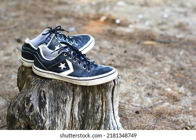 Thap Sakae Prachuap Kirikhan Province Thailand March 6 2022 Black Converse Sneakers Resting On Dry  Brown Stump