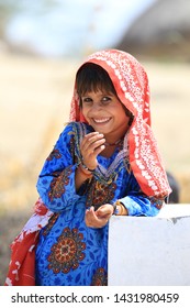 Tharparkar Sindh, Pakistan - March, 2019: Poor Village Girl Boys Children Smiling Shying Face Closeup In Traditional Dress Thar Desert And Rajhastan India, Hinduism In Pakistan Hindu Religion People