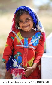 Tharparkar Sindh, Pakistan - March, 2019: Poor Village Girl Boys Children Smiling Shying Face Closeup In Traditional Dress Thar Desert And Rajhastan India, Hinduism In Pakistan Hindu Religion People