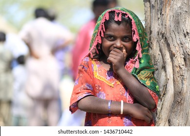 Tharparkar Sindh, Pakistan - March, 2019: Village Woman Girl Children Smiling Shying Face Closeup In Traditional Dress Thar Desert And Rajhastan India, Hinduism In Pakistan Hindu Religion People