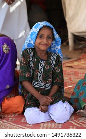 Tharparkar Sindh, Pakistan - March, 2019: Poor Village Girl Boys Woman Children Smiling Shying Face Closeup In Traditional Dress Thar Desert And Rajhastan India, Hinduism In Pakistan Hindu People