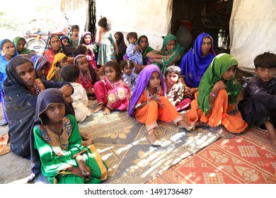 Tharparkar Sindh, Pakistan - March, 2019: Poor Village Girl Boys Woman Children Smiling Shying Face Closeup In Traditional Dress Thar Desert And Rajhastan India, Hinduism In Pakistan Hindu People