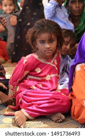 Tharparkar Sindh, Pakistan - March, 2019: Poor Village Girl Boys Woman Children Smiling Shying Face Closeup In Traditional Dress Thar Desert And Rajhastan India, Hinduism In Pakistan Hindu People