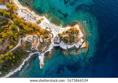 Thassos beach Karnagio near Thasso Town (Limenas) aerial view