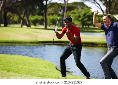 That one in a million shot. Shot of two golfers celebrating a great shot.