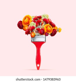 That's the art of nature. Tassel drawing and painting with bright red flowers as a paint on coral background. Negative space to insert your text. Modern design. Contemporary art collage. - Powered by Shutterstock