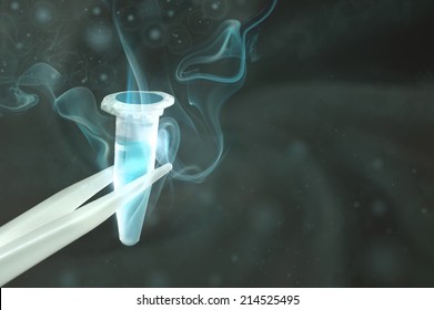 Thawing Cryosample Taken Out Of Cryostorage On Dark Green Background, Text Space