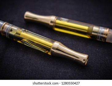 THC/CBD Cannabis Oil And Terpenes In Cartridge For Vaping The Alternative Medicine.   