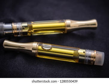 THC/CBD cannabis oil and terpenes in cartridge for vaping the alternative medicine.   